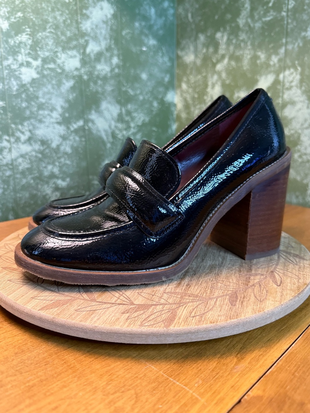 Franco Sarto Raven Black Patent Leather Block Heel Loafer US 10